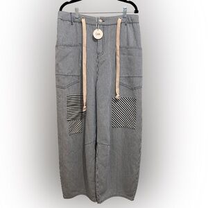 Wide Leg Striped Drawstring Pants in Navy & White.